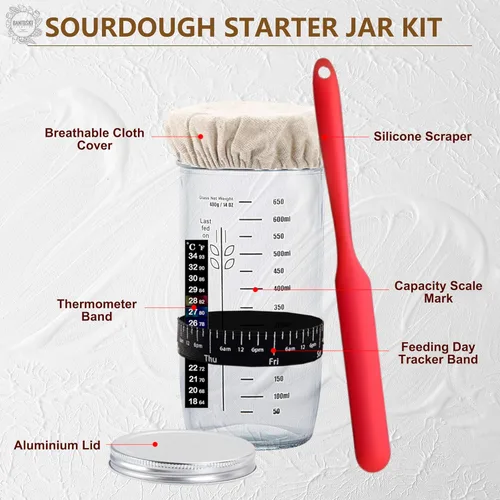 Miniatura 2 de Kit completo de iniciador de masa madre, canasta de fermentación de pan Banneton con frasco de vidrio para iniciador de masa madre, suministros