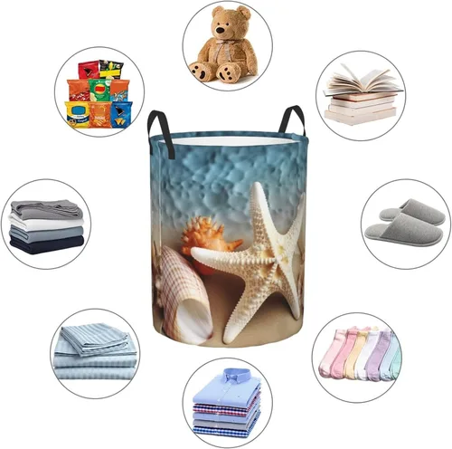 Miniatura 6 de Starfish Coral and Seashell print Circular Hamper Waterproof Storage Bin Organizer Basket Laundry Hamper With Handles For Clothes Toys Small