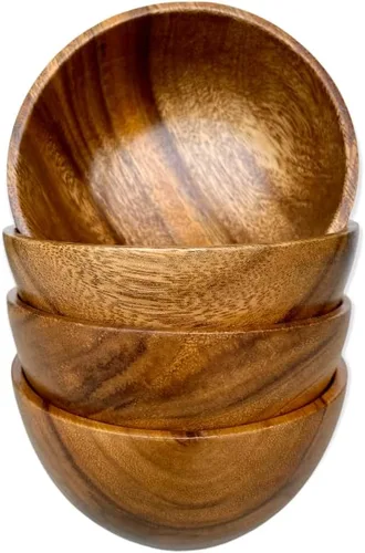 Miniatura 13 de Juego de ensaladera de madera de acacia – 9” Cuenco redondo artesanal con 2 servidores de madera, vajilla rústica y duradera para ensaladas, frutas