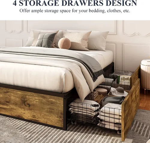 Miniatura 4 de Allewie Cama de almacenamiento industrial con cajones, plataforma de metal de madera, resistente y sin ruido, tamaño matrimonial moderno