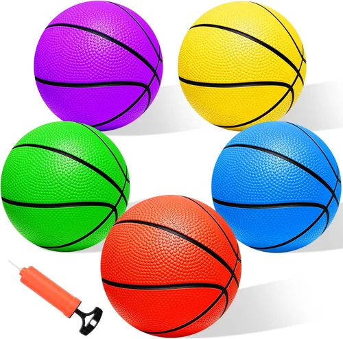 Iyoyo Mini juego de baloncesto – Paquete de 5 bolas pequeñas de 6 pulgadas con bomba, reemplazo de mini aro sobre la puerta, juguete para niños