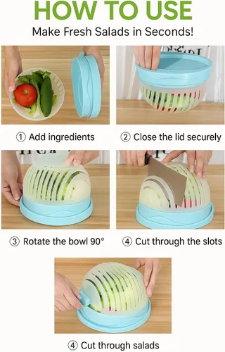 Miniatura 2 de Cortador de ensalada 2 en 1 y picador de verduras, máquina rápida de 60 segundos, plástico de grado alimenticio sin BPA, rebanador manual fácil