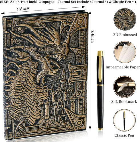 Miniatura 5 de Cuaderno de escritura de diario de dragón en relieve 3D con juego de bolígrafos, diario DND de tapa dura hecho a mano, bloc de notas diario