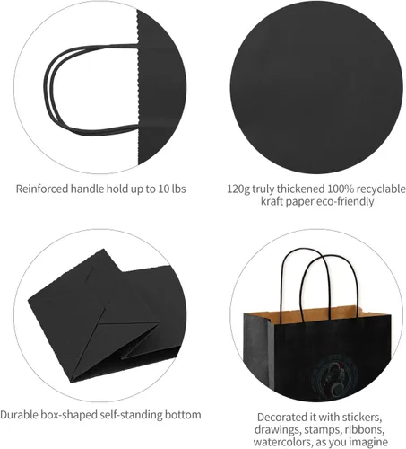 Miniatura 3 de COGLARING 100 bolsas de regalo negras con asas, bolsas de papel kraft de 11 x 5.9 x 11 pulgadas para fiestas, compras, comestibles y comida