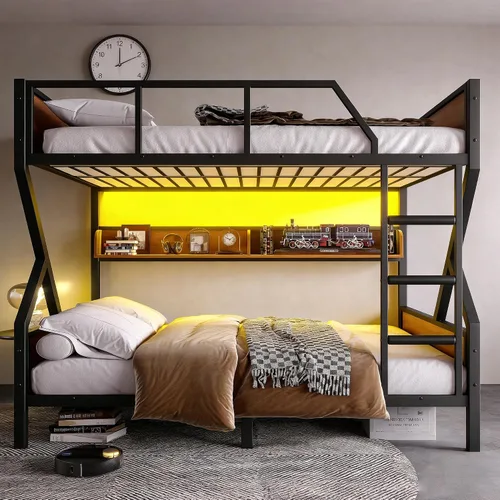 Miniatura 12 de Bellemave Litera de tamaño individual sobre matrimonial con estantes de almacenamiento y luces LED, literas resistentes para adultos con escalera
