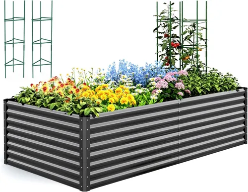 Miniatura 24 de Quictent Jardinera elevada galvanizada de 6 x 3 x 2 pies, maceta de metal sin fondo para patio trasero al aire libre, incluye 1 jaula de tomate Gris