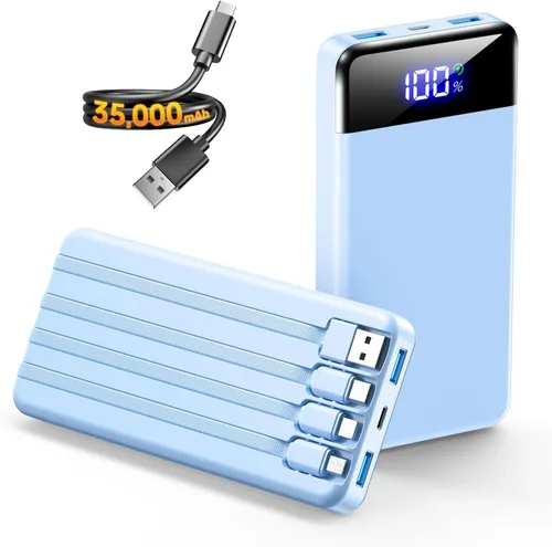 Cargador portátil de 35000 mAh - Powerbank con 4 cables integrados, carga rápida de 22.5 W, paquete de batería esencial para viajes y campamentos,