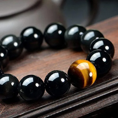 Miniatura 5 de SX Commerce Pulsera de obsidiana natural negra de piedra natural de 0.394in o 0.472in con un ojo de tigre único, buen regalo para hombres y mujeres