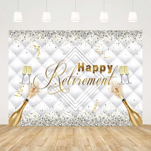 Miniatura 2 de SENDY Telón de fondo de feliz jubilación de 7 x 5 pies con purpurina de diamante dorado plateado para decoración de fiesta, felicitaciones