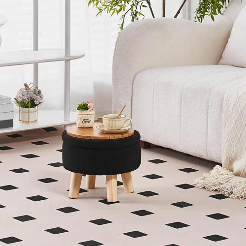 Miniatura 2 de Wimarsbon Otomana de almacenamiento, moderno reposapiés redondo con asiento acolchado suave, reposapiés de terciopelo teddy con patas de madera