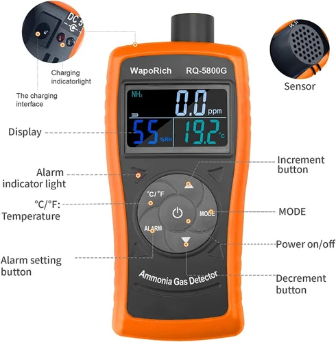 Miniatura 2 de Detector de gas de amoníaco, monitor NH3 de 0 ~ 100 PPM, detector de gas WapoRich NH3, medidor digital de amoníaco con alarma, temperatura (℉/℃)