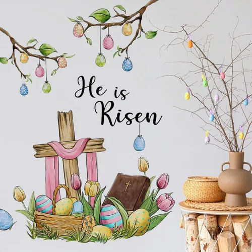 Miniatura 4 de Yovkky Calcomanías de pared de Pascua, con frase "He is resucitado", cruz cristiana, decoración de dormitorio, huevos de Cristo religioso, tulipán