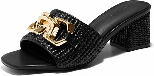 Miniatura 6 de Coutgo Sandalias de cuña con tacón grueso de rafía para mujer, con punta abierta, cuadradas, con cadena metálica, sin cordones, elegantes