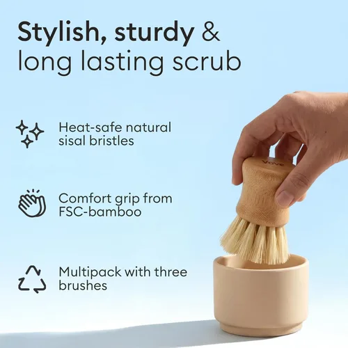 Miniatura 3 de Vove Juego de cepillos de bambú para fregar platos, paquete de 3 cepillos de cocina sin plástico para platos, ollas y hierro fundido, bambú