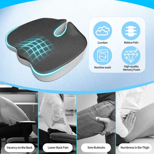Miniatura 2 de Cojín para silla de oficina con recorte de coxis y diseño en forma de U, espuma viscoelástica de 2.8 pulgadas para aliviar el dolor de espalda