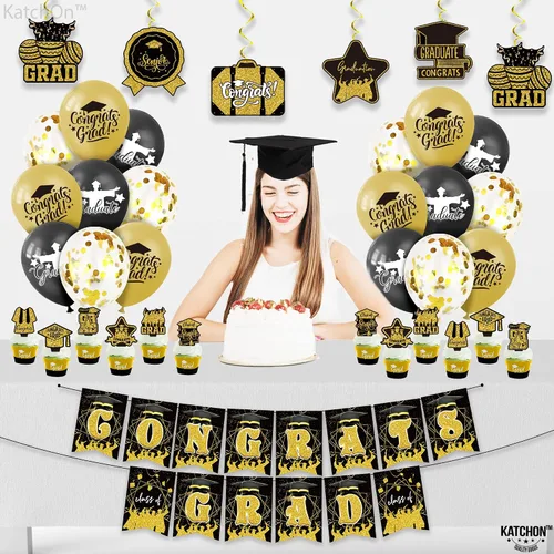 Miniatura 5 de KatchOn, Cartel de graduación de felicitaciones negras y doradas – Paquete de 37 Cartel de graduación de felicitaciones para decoraciones