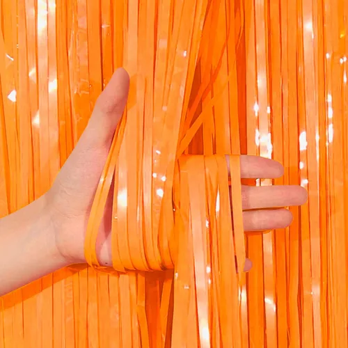 Miniatura 7 de Paquete de 2 cortinas de flecos metálicos de aluminio azul y naranja para decoraciones de fiesta, cortina de fondo azul y naranja para fiesta
