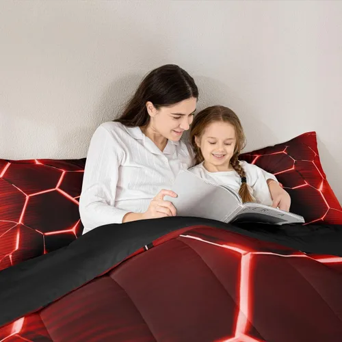 Miniatura 6 de Feelyou Juego de edredón de nido de abeja, edredón hexagonal rojo degradado para niños, niñas, adolescentes, juego de ropa de cama geométrico, Multi