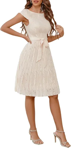 Miniatura 3 de Floerns Vestido corto elegante de encaje floral con dobladillo plisado y cinturón para mujer