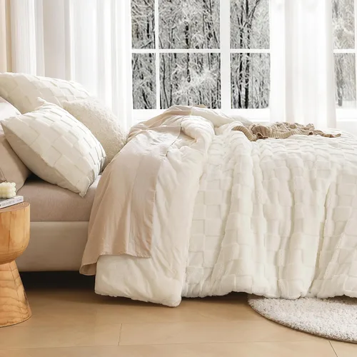 Miniatura 5 de Litanika - Juego de edredón esponjoso tamaño individual color beige, 3 piezas, ropa de cama de sherpa de felpa cálida para invierno, juego de cama