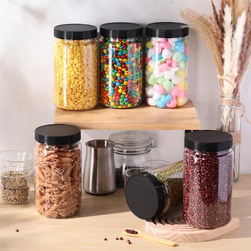 Miniatura 5 de Eaasty Paquete de 15 tarros de plástico de 32 onzas con tapas, tarros transparentes de masón, recipientes de almacenamiento grandes, boca ancha