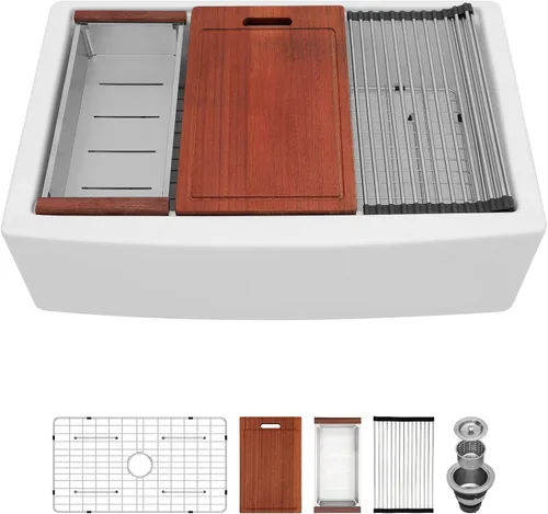 Miniatura 11 de Sarlai - Fregadero de cocina de granja blanco de 33 pulgadas, fregadero de 84 x 51 cm con delantal frontal de cerámica de porcelana vítrea
