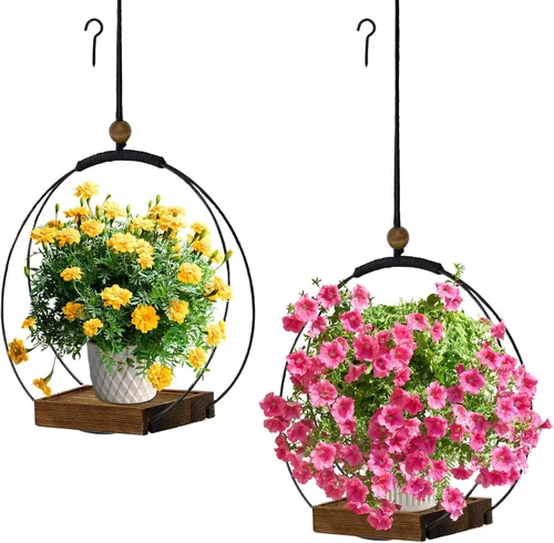 Miniatura 7 de Maceta colgante para plantas de interior, colgador de plantas negro para interiores con base de madera resistente, colgador de plantas de macramé