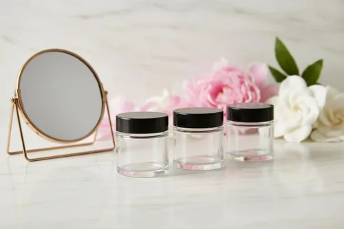 Miniatura 3 de Tarro de vidrio de pared grueso transparente de 1 onza / 1.0 fl oz con tapas negras (paquete de 12) hermético, a prueba de olores