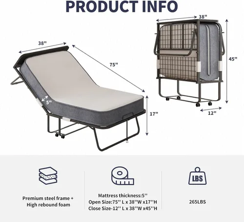 Miniatura 2 de ijuicy Cama plegable, cama plegable de 75 x 38 pulgadas con colchón de 5 pulgadas de grosor mejorado para adultos con funda de almacenamiento