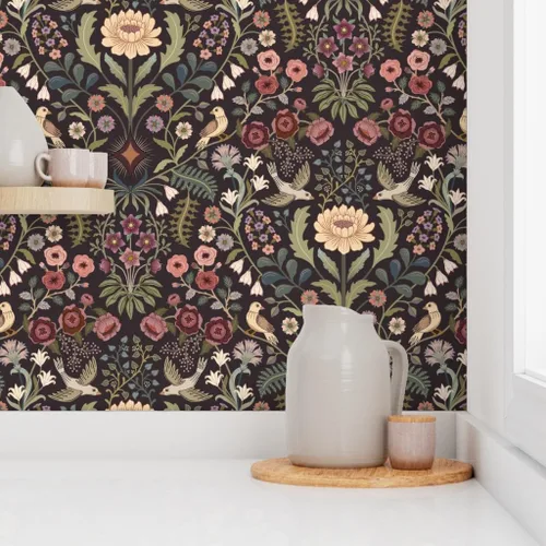 Miniatura 8 de Papel tapiz autoadhesivo para despegar y pegar, papel tapiz tradicional floral, arte popular, pájaros, verde victoriano, borgoña, extra grande