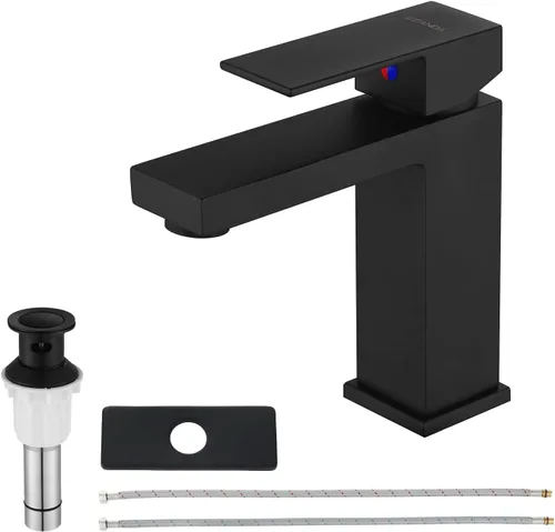 Grifo de lavabo de baño de latón de una sola manija con escudo, tapón de drenaje desplegable y mangueras de suministro de agua, negro mate, 14253