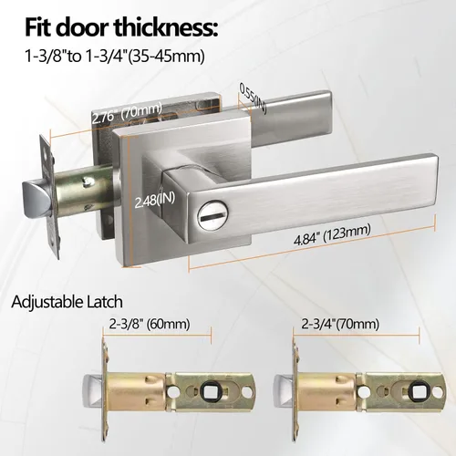 Miniatura 3 de USHTL01-SN-BK-6P - Manija cuadrada de privacidad para puerta de níquel cepillado sin llaves para dormitorio o baño, USHTL01-SN-BK-6P