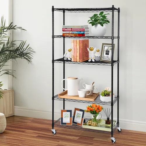 Miniatura 5 de ZENY Estantería resistente de 5 estantes con ruedas, organizador de metal para cocina, oficina, garaje, color negro