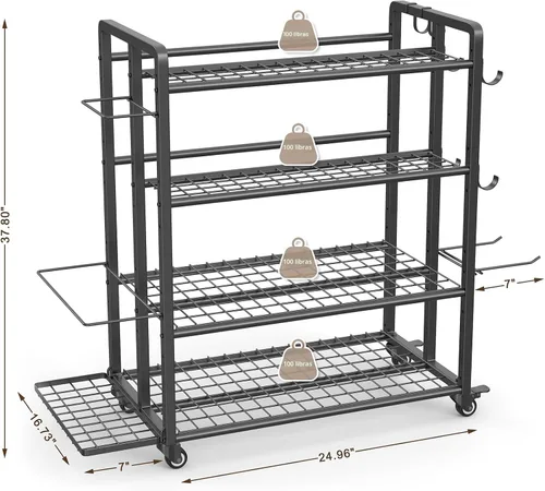 Miniatura 6 de 4-Tier Dumbbell Rack Stand Only, Adjustable Weight Rack for Dumbbells Kettlebells Yoga Mat, Home Gym Storage Rack with Wheels and Hooks, Powder