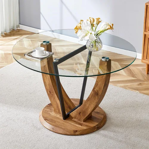 Miniatura 13 de 5-Piece Round Glass Dining Table Set for 4, 48” Modern Dining Room Table with Wood Grain Base, Brown Suede Upholstered Chairs with Black Metal Legs