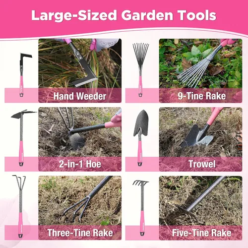 Miniatura 6 de WORKPRO Juego de herramientas de jardín rosa de 6 piezas, herramientas manuales de jardinería resistentes con mango de goma suave, incluyendo