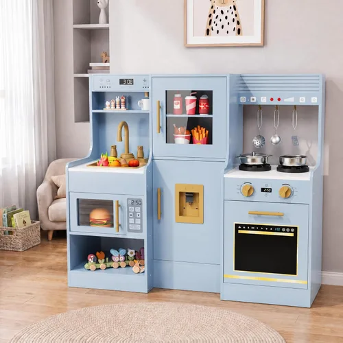 MAMIZO Cocina de juego de madera para niños, juego de cocina de juguete para niños, juego de cocina interactivo grande con 6 utensilios de cocina,