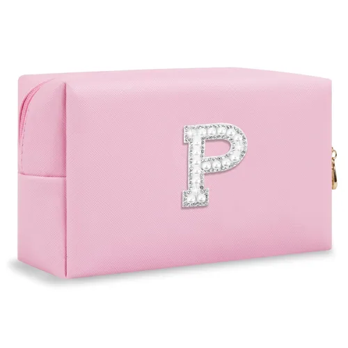 Miniatura 234 de Pequeña bolsa de maquillaje personalizada con inicial A-Z Preppy Patch, bolsa de cosméticos de viaje de felpilla blanca con cremallera, bonita bolsa
