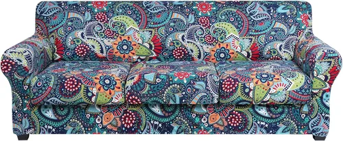 Miniatura 60 de hyha Funda para sofá, diseño floral, elástica, estampada, 4 piezas, fundas para sofá de 3 cojines separados, protector de muebles lavable para Azul