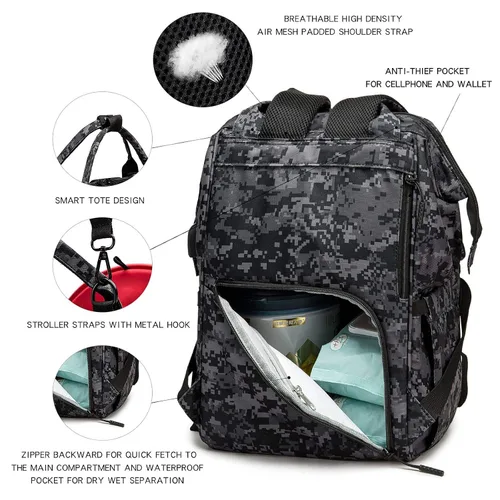 Miniatura 4 de Mochila para pañales con puerto de carga USB, correas para cochecito y bolsillo aislado, mochila militar del ejército de viaje para papá/mamá negro