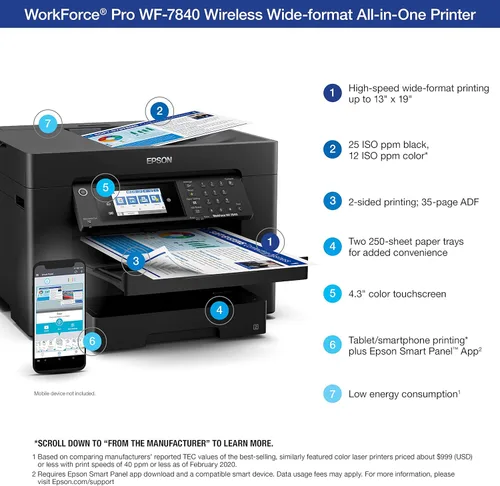 Miniatura 4 de EPSON, WorkForce Pro WF-7840 - Impresora inalámbrica todo en uno de gran formato con impresión automática a 2 caras hasta 13x19 pulgadas, ADF de 50