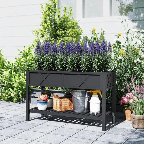 Miniatura 9 de Outsunny - Jardinera elevada de madera con estante de almacenamiento, orificios de drenaje y forro para el patio trasero, la terraza, el balcón, 47