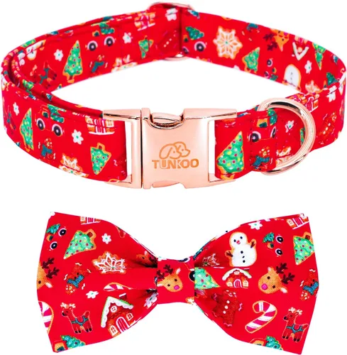 Collar de Navidad para perro Tunkoo con elegante corbatín, collar suave y cómodo de algodón ajustable, hebilla de metal premium para cachorros y