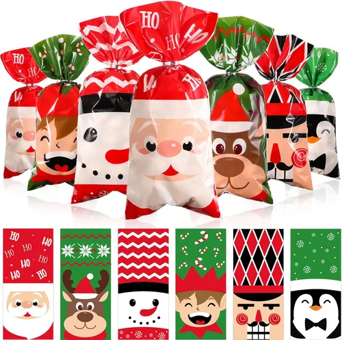 Blulu 180 Piezas Bolsas de Celofán de Plástico para Dulces y Regalos de Navidad con 200 Ataduras Doradas y Plateadas para Navidad Xmas Santa