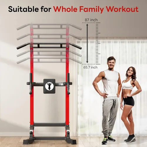 Miniatura 5 de SogesPower Power Tower - Barra de dominadas multifunción para gimnasio en casa, altura ajustable, barra de inmersión, equipo de entrenamiento de Rojo