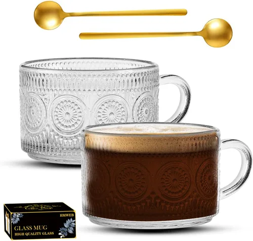 Tazas de té de café vintage, tazas de vidrio de 14 onzas, juego de 2 vasos en relieve con asa, para capuchino, café con leche, cereales, yogur,