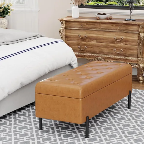 Miniatura 6 de Banco otomano con almacenamiento, banco de almacenamiento tapizado copetudo para dormitorio, sala de estar, piel sintética, largo, otomano, marrón