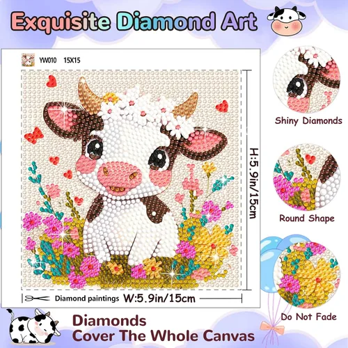 Miniatura 2 de QUITEDEW Kit de pintura de diamante de vaca con marco de madera, arte de diamantes de animales para principiantes, paquete pequeño y hermoso