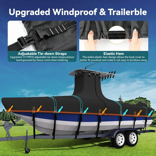 Miniatura 4 de Cubierta para Barco Resistente True 1200D T-Top de 17ft - 19ft con Cubierta para Motor, Solución 100% Impermeable Teñido en Solución Consola Central