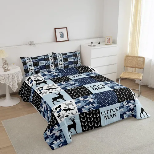 Miniatura 12 de Juego de edredón de cuernos de ciervo tamaño individual, juego de ropa de cama rústica de granja con huellas de oso y pinos para decoración